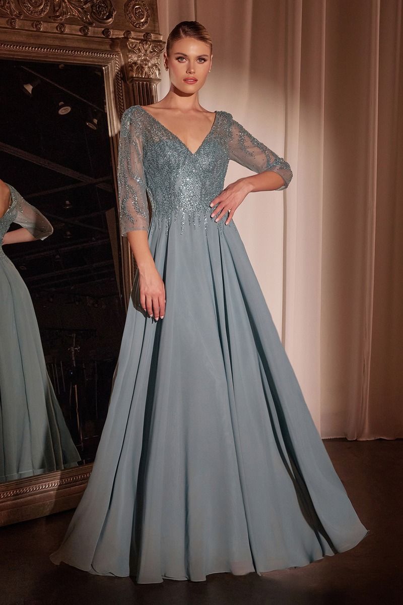 Ladivine CD0171 - Chiffon A-Line Quarter Sleeve Beaded Gown