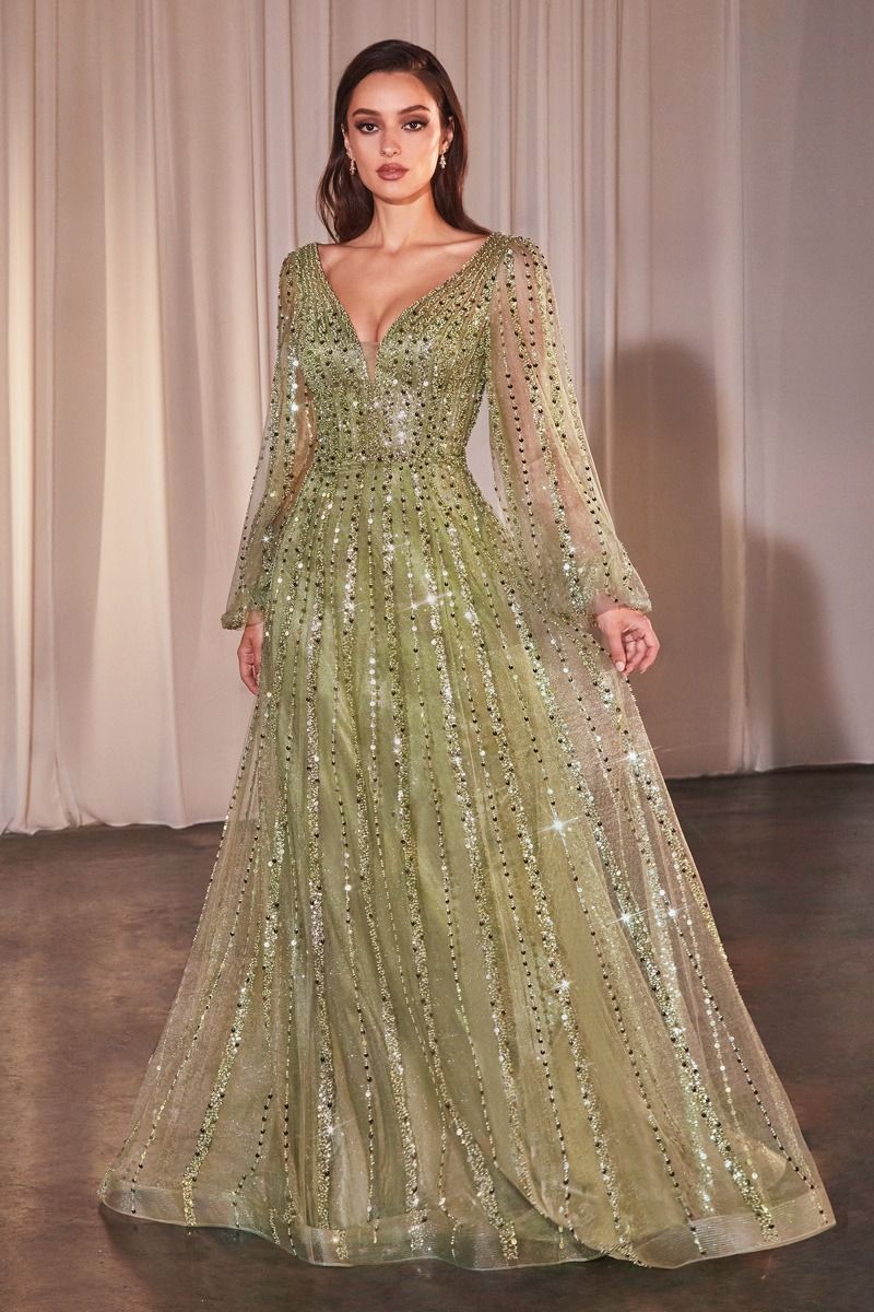 Long Sleeve A-Line Beaded Dress by Ladivine Style CD0240 Greenery / 14 Long Sleeve A-Line Beaded Dress by Ladivine Style CD0240 Greenery / 14