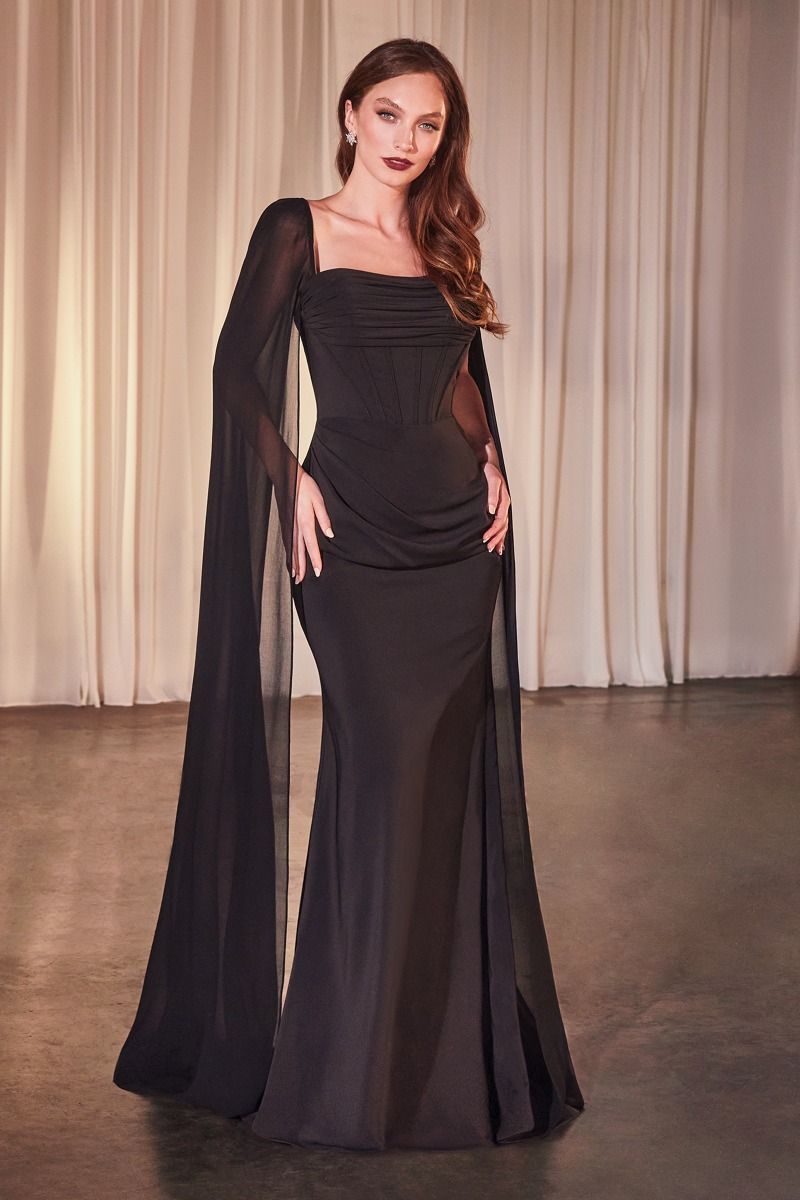 CHIFFON FITTED DRESS WITH LONG CAPE SLEEVES BY LADIVINE STYLE CD356 Bridal Hive CHIFFON FITTED DRESS WITH LONG CAPE SLEEVES BY LADIVINE STYLE CD356 Bridal Hive