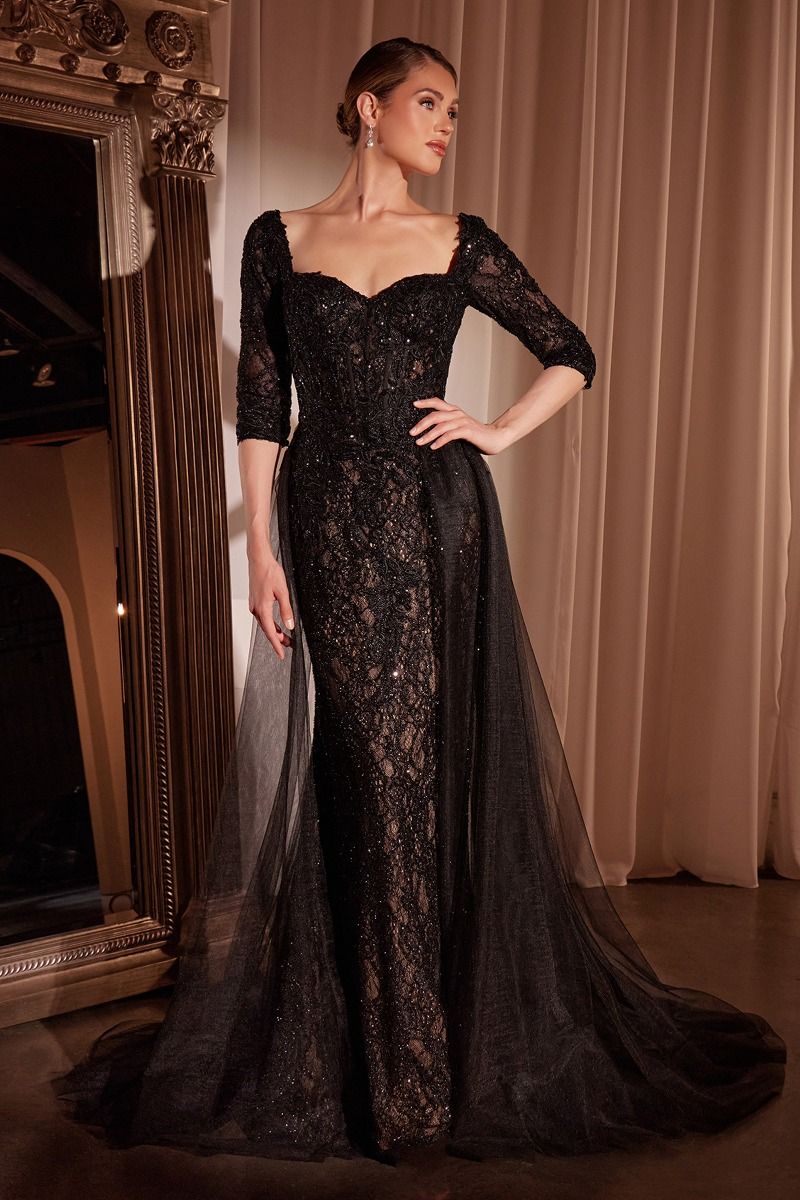 Ladivine CD749 - Lace Fitted Three Quarter Sleeve Gown With Overskirt