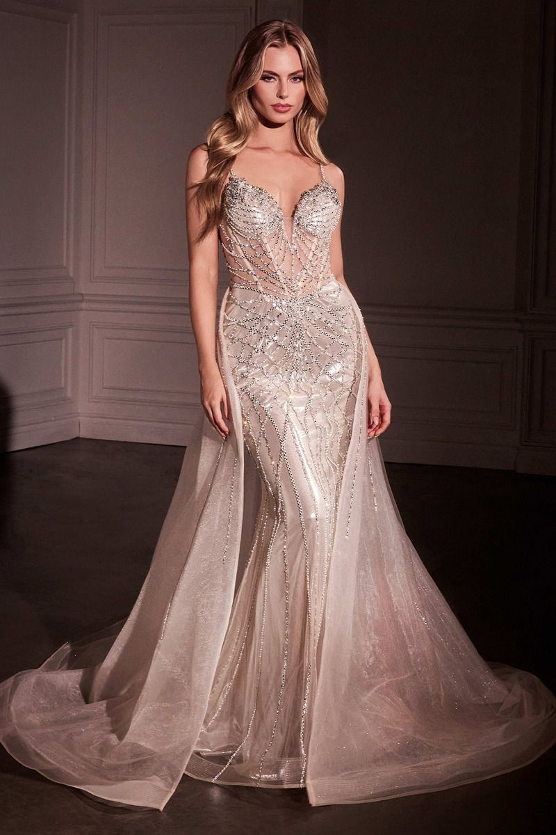 LaDivine CD763 Long Beaded Formal Overskirt Prom Gown - Royal / 4 LaDivine CD763 Long Beaded Formal Overskirt Prom Gown - Royal / 4