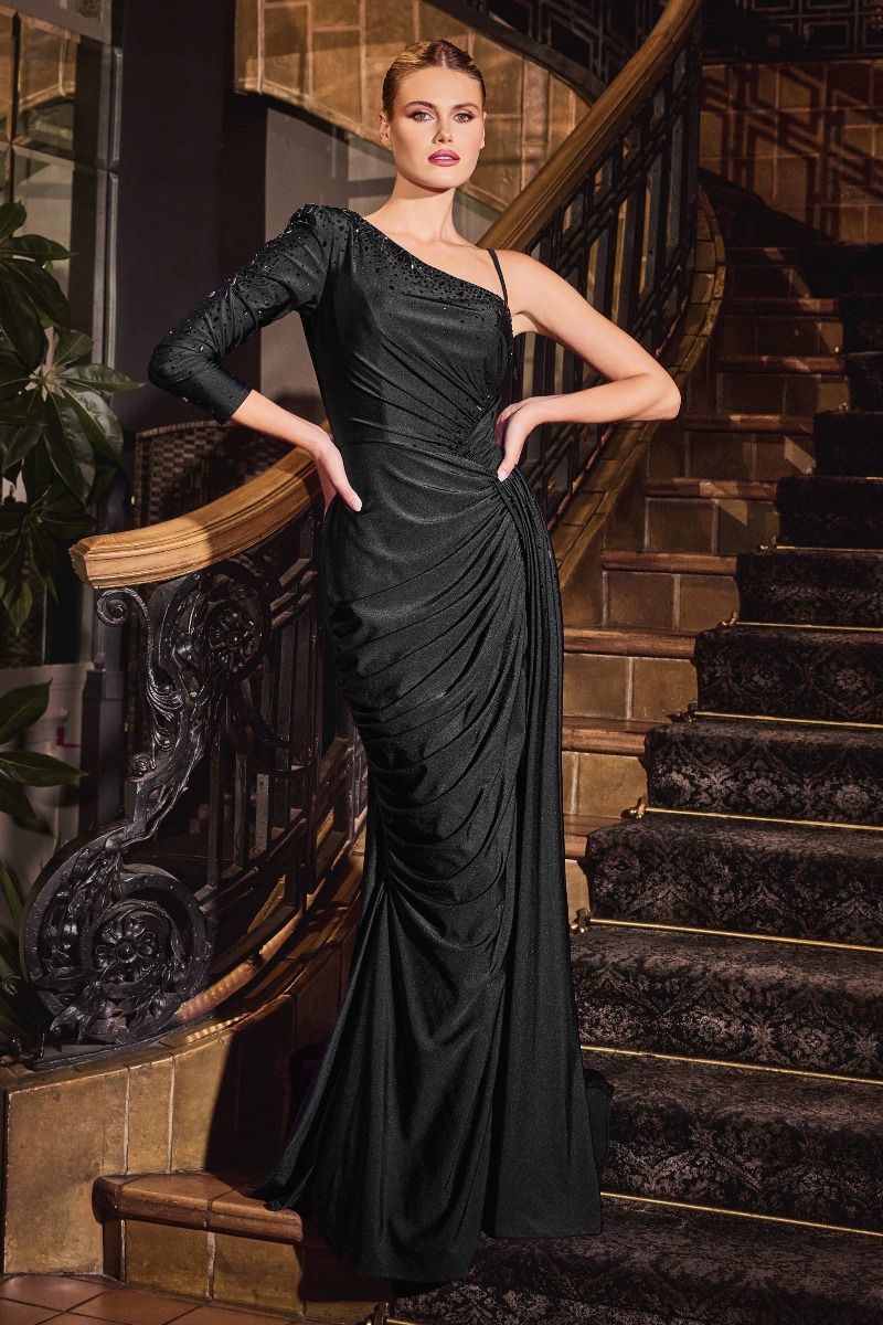 Ladivine CD787 - One Shoulder Lond Sleeve Stretch Satin Fitted Gown