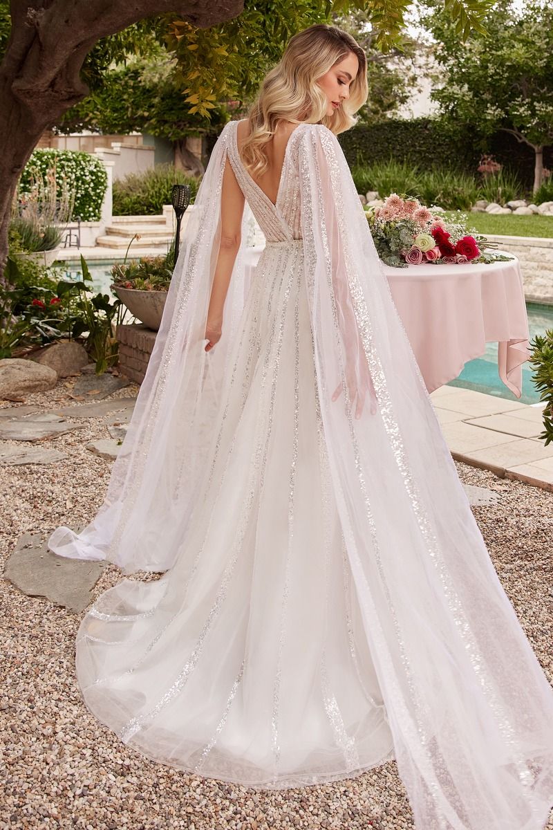 Ladivine CD852W Timeless A-Line Layered Tulle Long Sleeve Drape Wedding Gown OFF White / 6 Ladivine CD852W Timeless A-Line Layered Tulle Long Sleeve Drape Wedding Gown OFF White / 6
