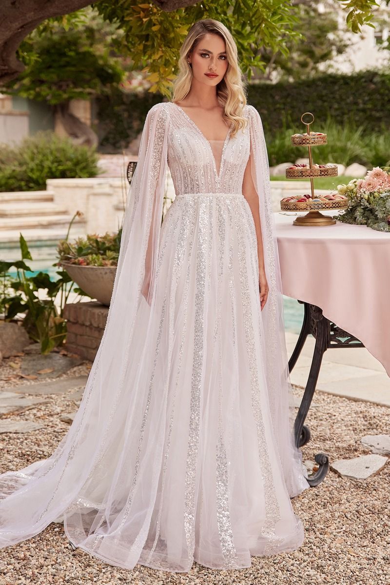 Ladivine CD852W Timeless A-Line Layered Tulle Long Sleeve Drape Wedding Gown Off White / 6 Ladivine CD852W Timeless A-Line Layered Tulle Long Sleeve Drape Wedding Gown Off White / 6