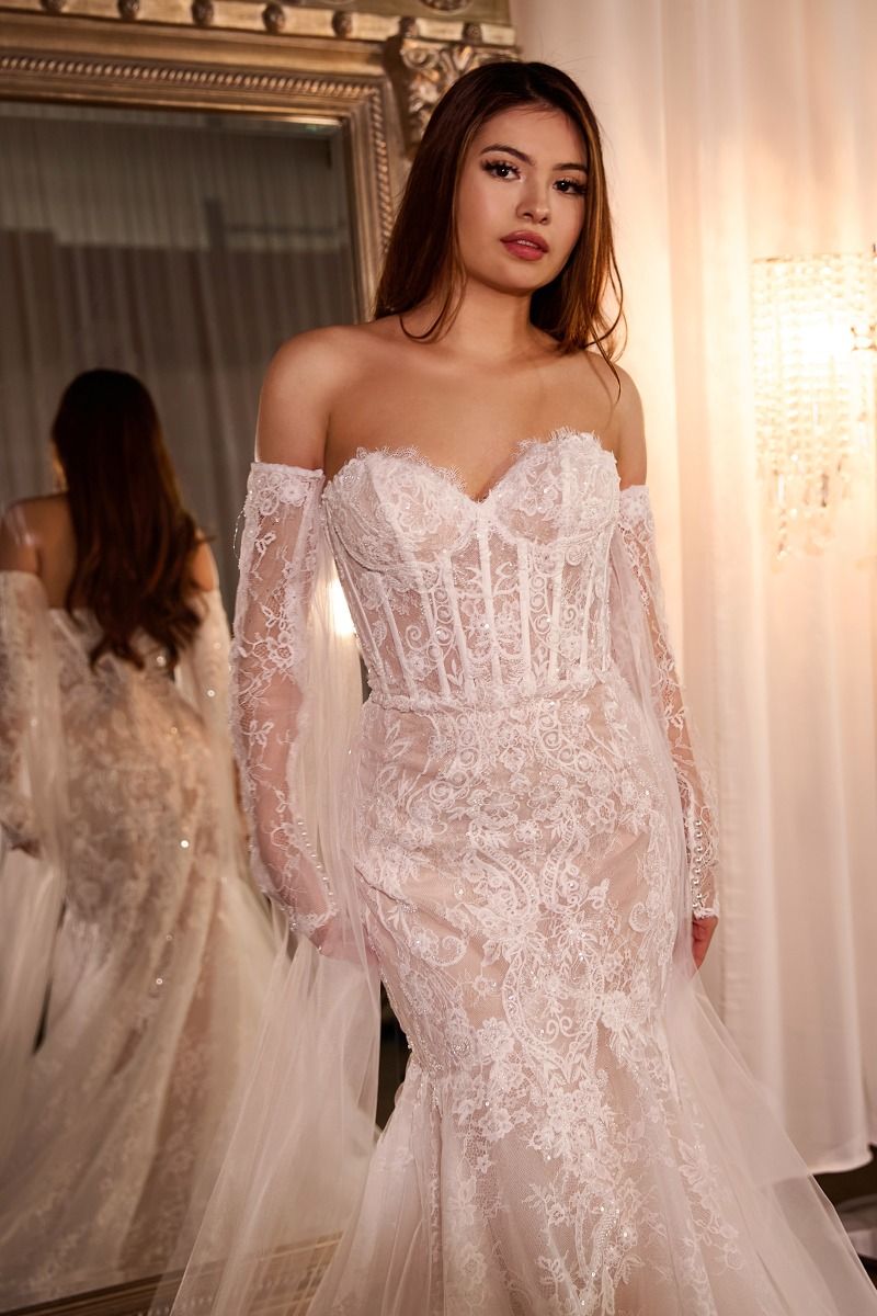 FITTED LACE MERMAID GOWN WITH SLEEVES BY LADIVINE CDS424W Bridal Hive FITTED LACE MERMAID GOWN WITH SLEEVES BY LADIVINE CDS424W Bridal Hive