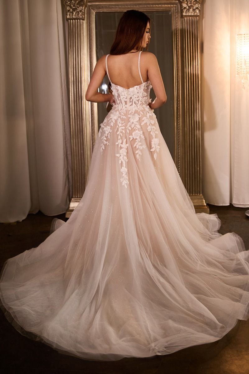 LACE A-LINE WEDDING GOWN WITH LAYERED TULLE SKIRT BY LADIVINE CDS477W OFF White NUDE / 8 LACE A-LINE WEDDING GOWN WITH LAYERED TULLE SKIRT BY LADIVINE CDS477W OFF White NUDE / 8