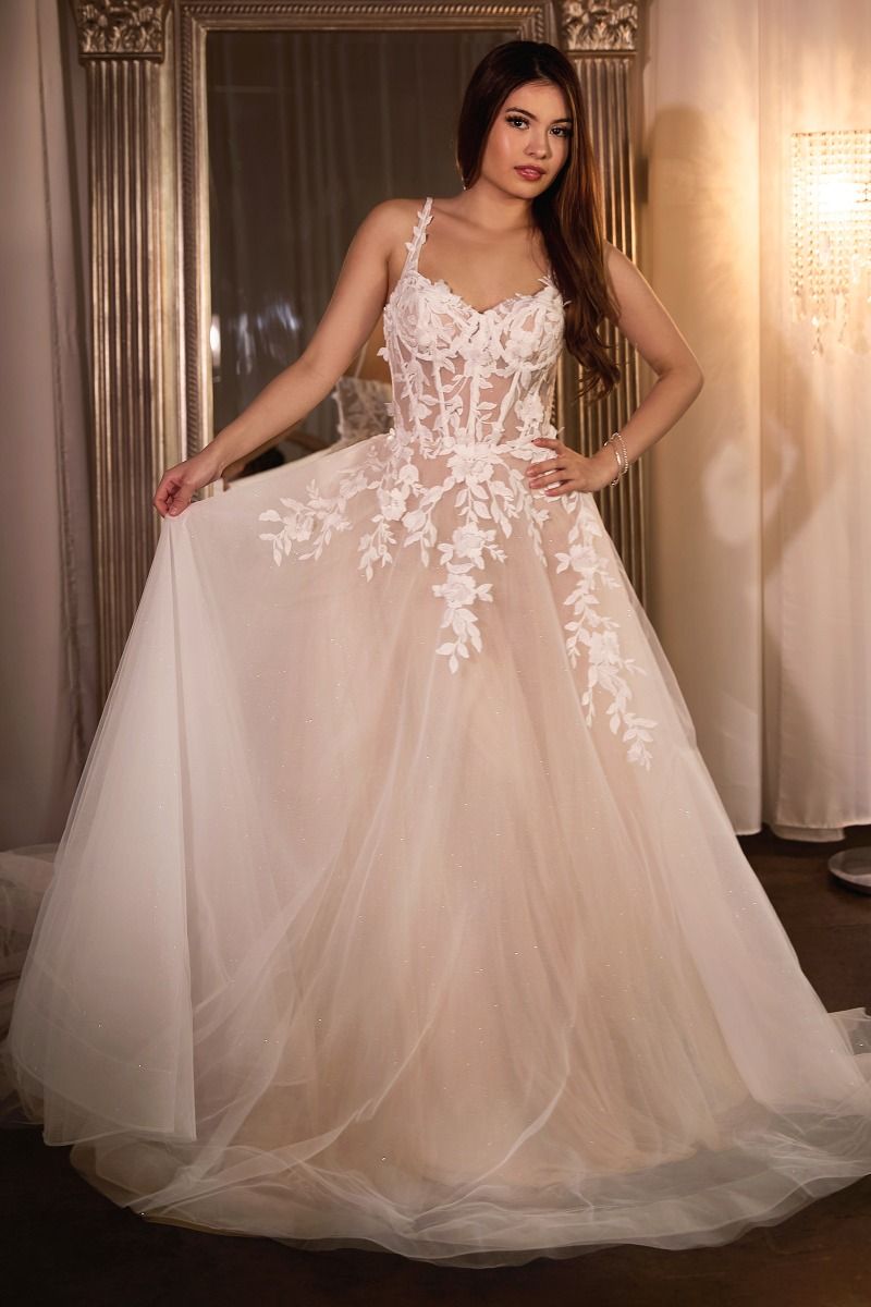 LACE A-LINE WEDDING GOWN WITH LAYERED TULLE SKIRT BY LADIVINE CDS477W Bridal Hive LACE A-LINE WEDDING GOWN WITH LAYERED TULLE SKIRT BY LADIVINE CDS477W Bridal Hive