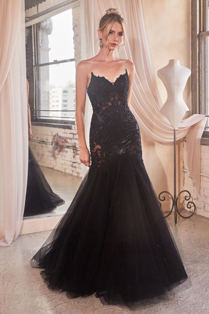 APPLIQUE STRAPLESS TULLE MERMAID DRESS BY LADIVINE CDS482 Black / 6 APPLIQUE STRAPLESS TULLE MERMAID DRESS BY LADIVINE CDS482 Black / 6