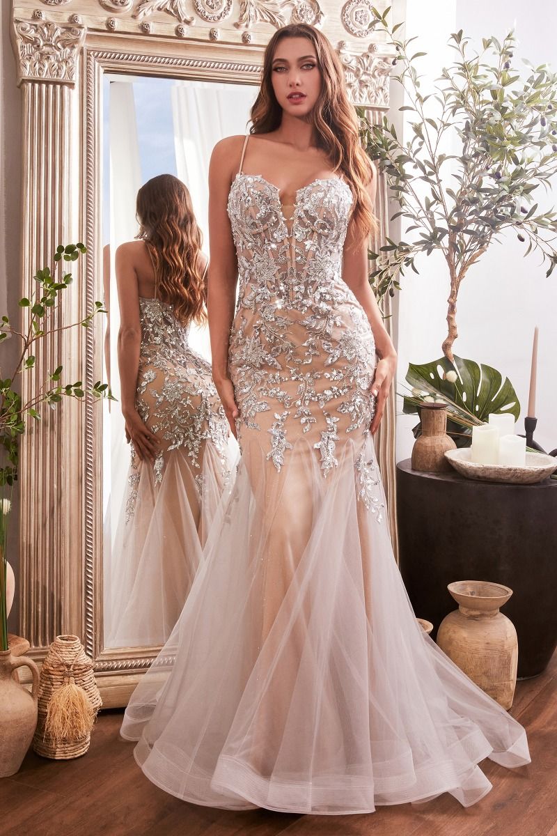 nude mermaid dress Rhinestones Nude Strapless V-Neck Mermaid Prom Dress