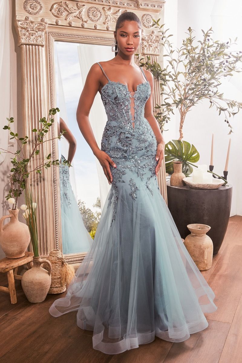 Cinderella Divine CDS488 Ladivine Sequin Floral Mermaid Dress, Smoky Blue / 6 Cinderella Divine CDS488 Ladivine Sequin Floral Mermaid Dress, Smoky Blue / 6