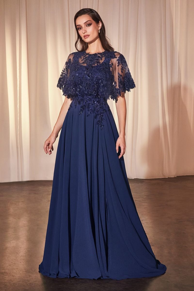 CHIFFON A-LINE BEADED LACE BODICE DRESS WITH REMOVABLE CAPE BY