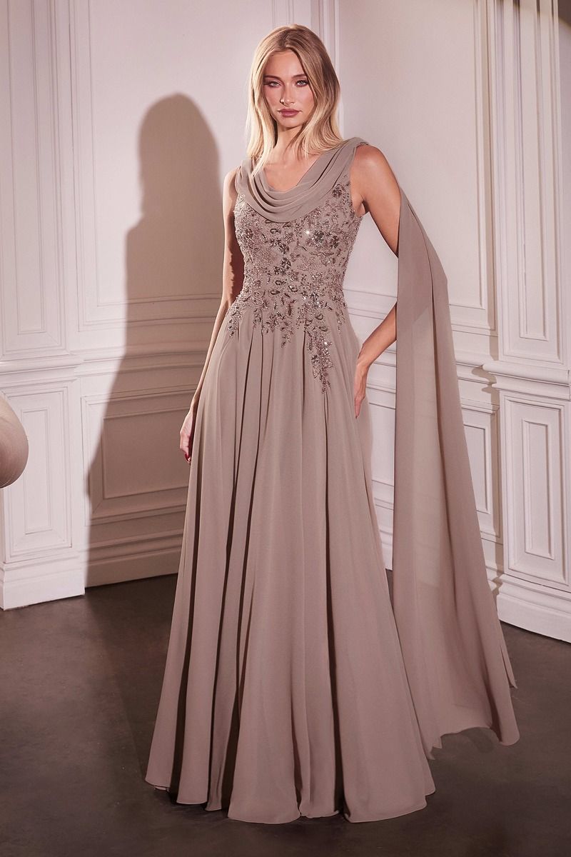 Ladivine CDS509 - A-Line Chiffon Gown With Long Cape Sleeves