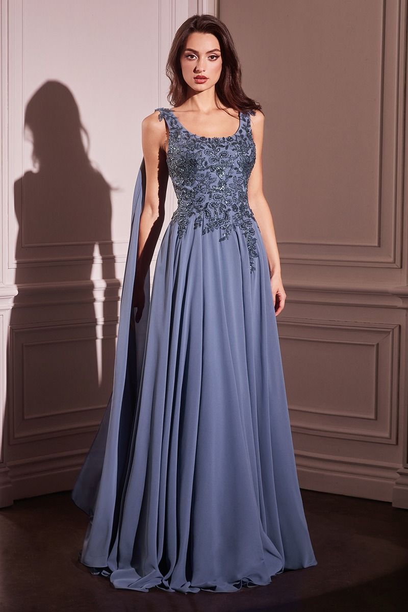 Ladivine CDS509 - A-Line Chiffon Gown With Long Cape Sleeves