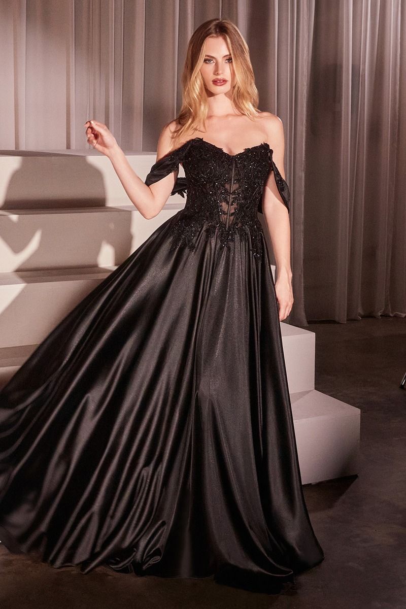 OFF THE SHOULDER LACE & SATIN A-LINE DRESS BY LADIVINE CDS525 Bridal Hive OFF THE SHOULDER LACE & SATIN A-LINE DRESS BY LADIVINE CDS525 Bridal Hive