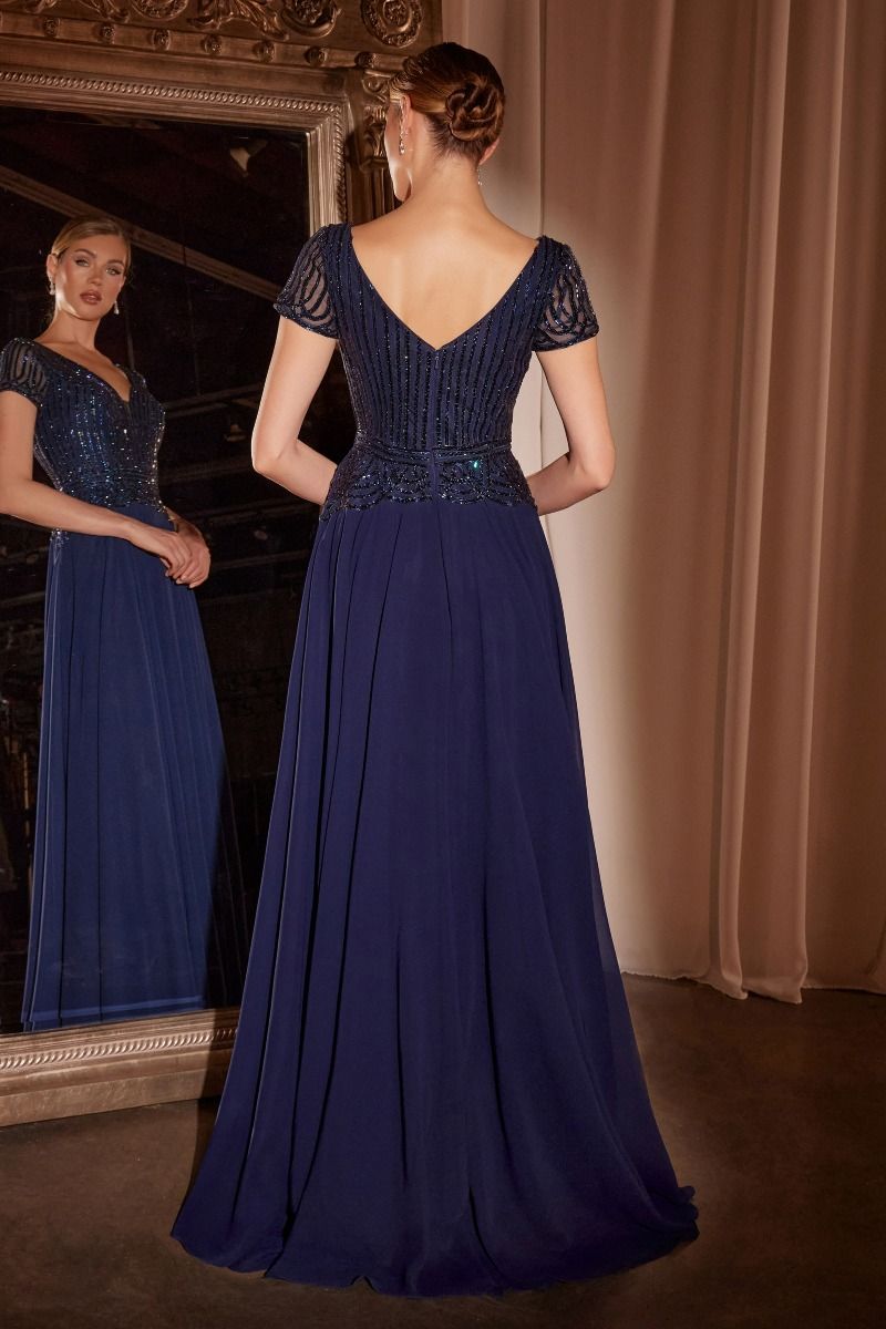 Ladivine CL07 - Beaded Chiffon Cap Sleeves A-Line Gown