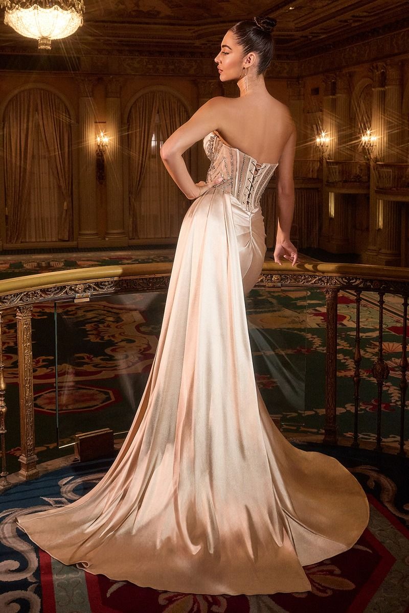 STRAPLESS SATIN FITTED DRESS WITH CRYSTAL BEADED BODICE AND SIDE SASH BY LADIVINE KV1131 Bridal Hive STRAPLESS SATIN FITTED DRESS WITH CRYSTAL BEADED BODICE AND SIDE SASH BY LADIVINE KV1131 Bridal Hive