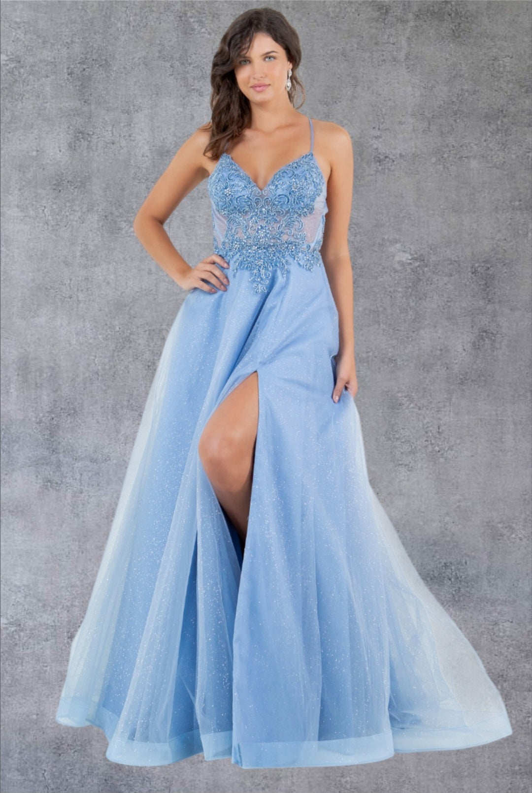 THIN STRAPS GLITTER TULLE BEADED A-LINE GOWN BY CINDERELLA COUTURE 8275J Bridal Hive THIN STRAPS GLITTER TULLE BEADED A-LINE GOWN BY CINDERELLA COUTURE 8275J Bridal Hive