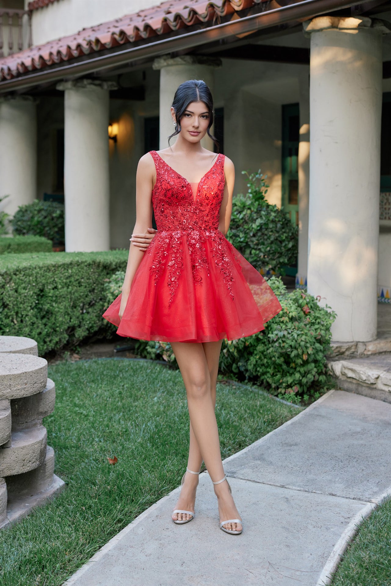 Juliet JT987N - Short tulle dress with floral lace embroidery