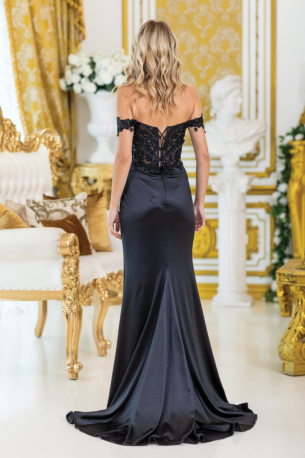 satin prom dress with beaded bodice Satin Prom Dress with Beaded Sheer Bodice, and High Slit Skirt by Dancing Queen 4507 DUSTY BLUE / S