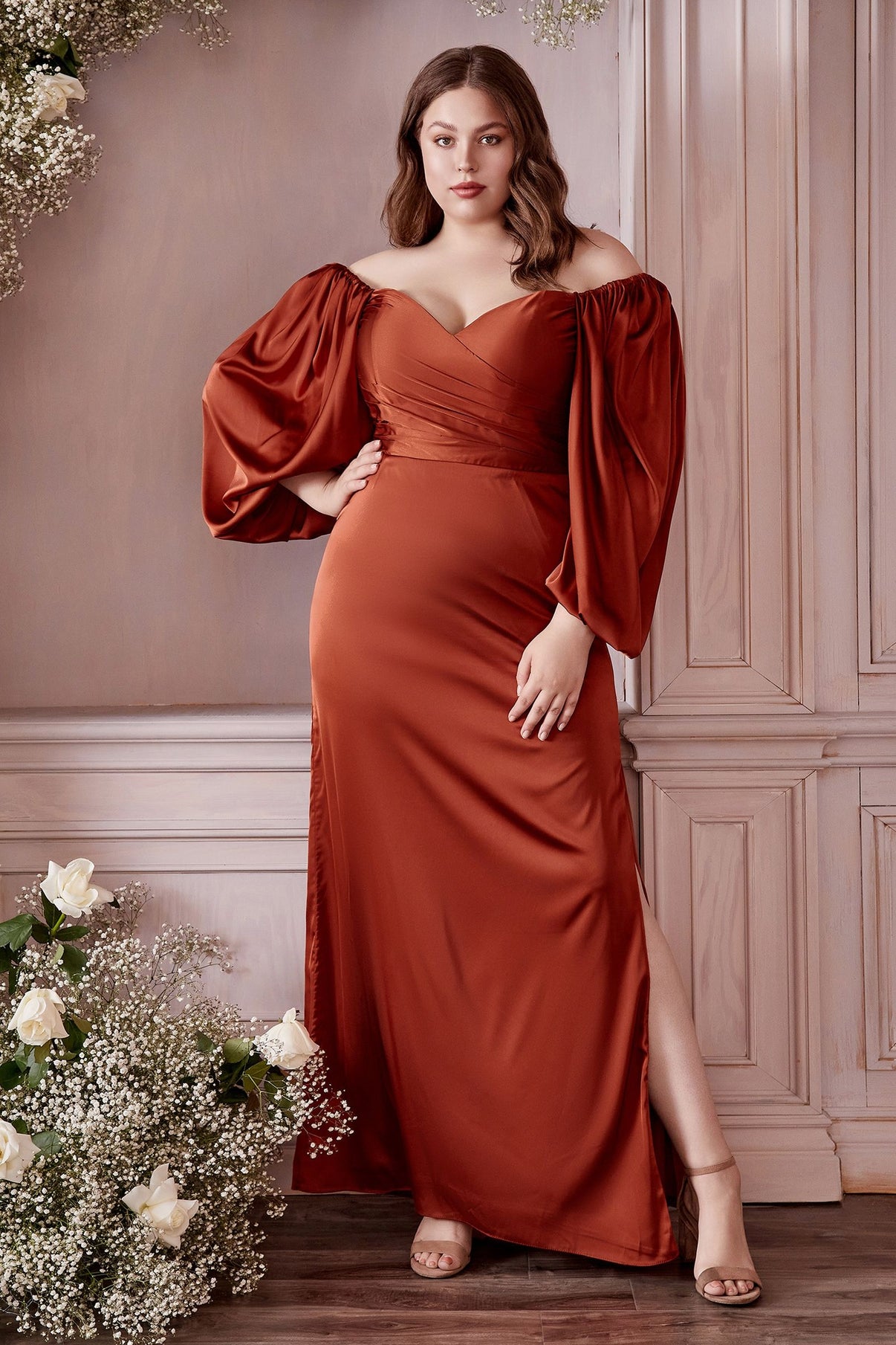 Cinderella Divine 7482C Long Sleeve Off the Shoulder Soft Satin Fitted Dress main image 1