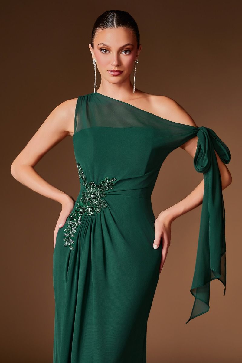 ONE SHOULDER CHIFFON GOWN WITH BEADED FLORAL EMBELLISHMENT BY LADIVINE CH2612 – Bridal Hive