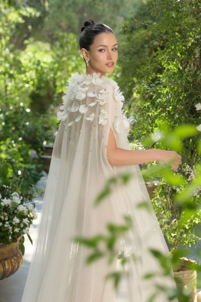 FLOWING SHEER FEATHER FLORAL SHOULDER CAPE BY ANDREA & LEO COUTURE