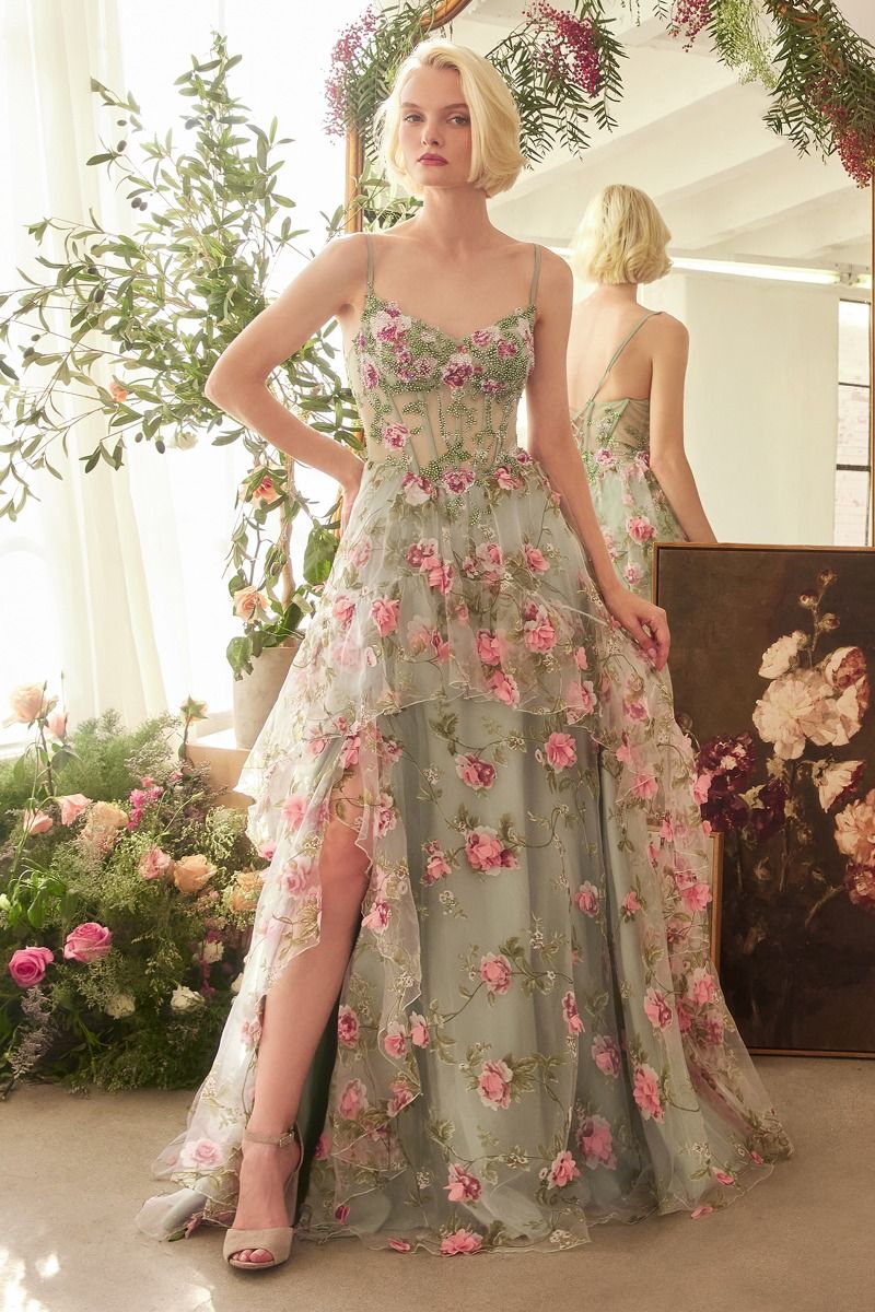 SAGE FLORAL PRINT LAYERED A-LINE DRESS A1420 Bridal Hive SAGE FLORAL PRINT LAYERED A-LINE DRESS A1420 Bridal Hive
