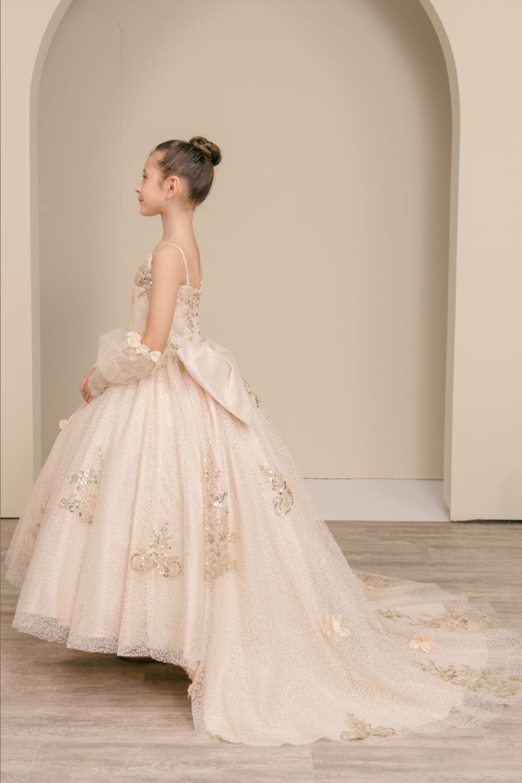 Girls Princess Ball Gown for Girls – Sparkle Flower Appliqué Formal Dress 2-16 Champagne / 2
