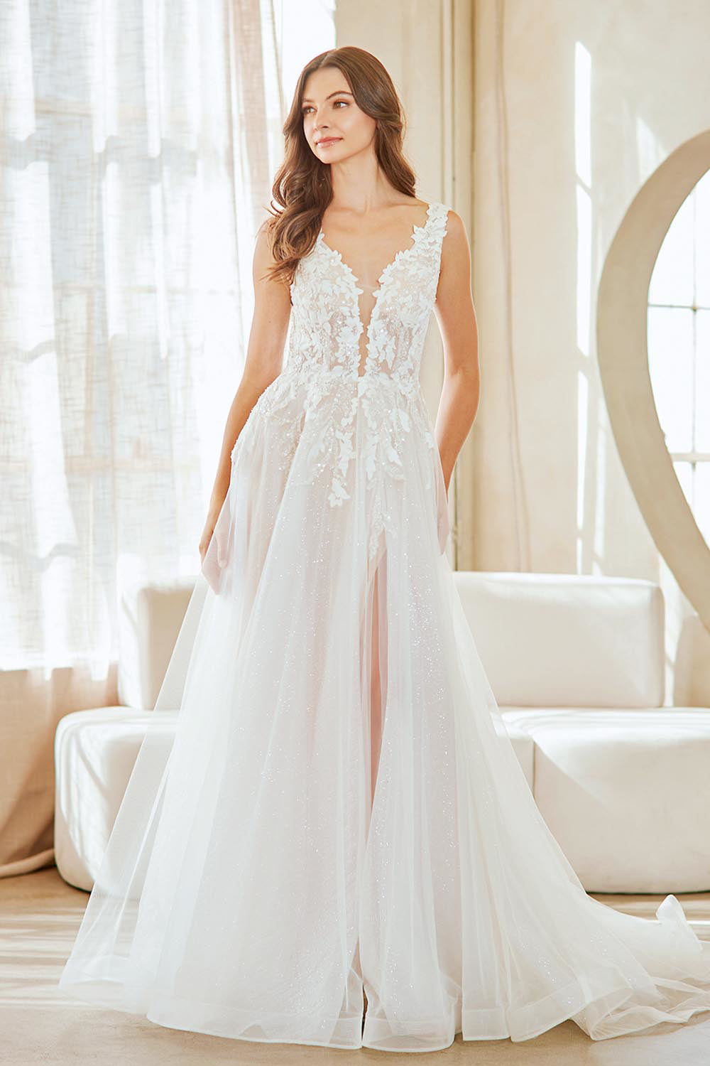 Plunging Neckline Lace Top A-Line Wedding Gown by Amelia Couture 2140 White / 10