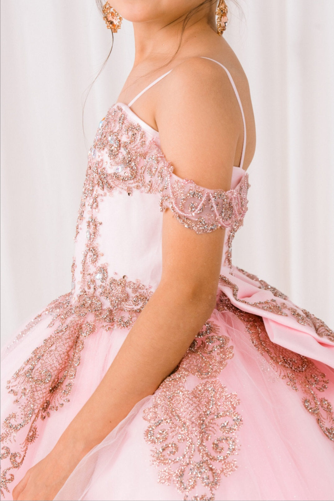 rose gold mini quinceanera dresses Blush Gold Lace Mini Ball Gown, Luxury Mini Quinceanera Dress, Matching Sister Gown, Royal Flower Girl Dress, Wedding Pageant Outfit