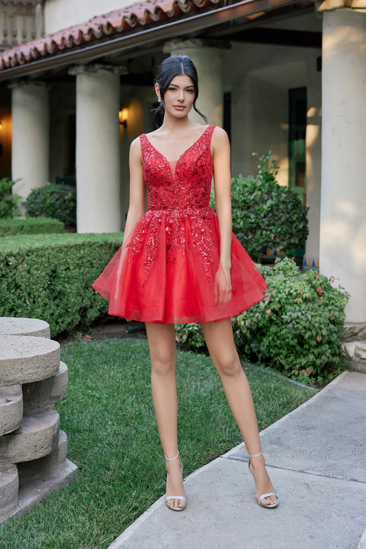Juliet JT987N - Short tulle dress with floral lace embroidery