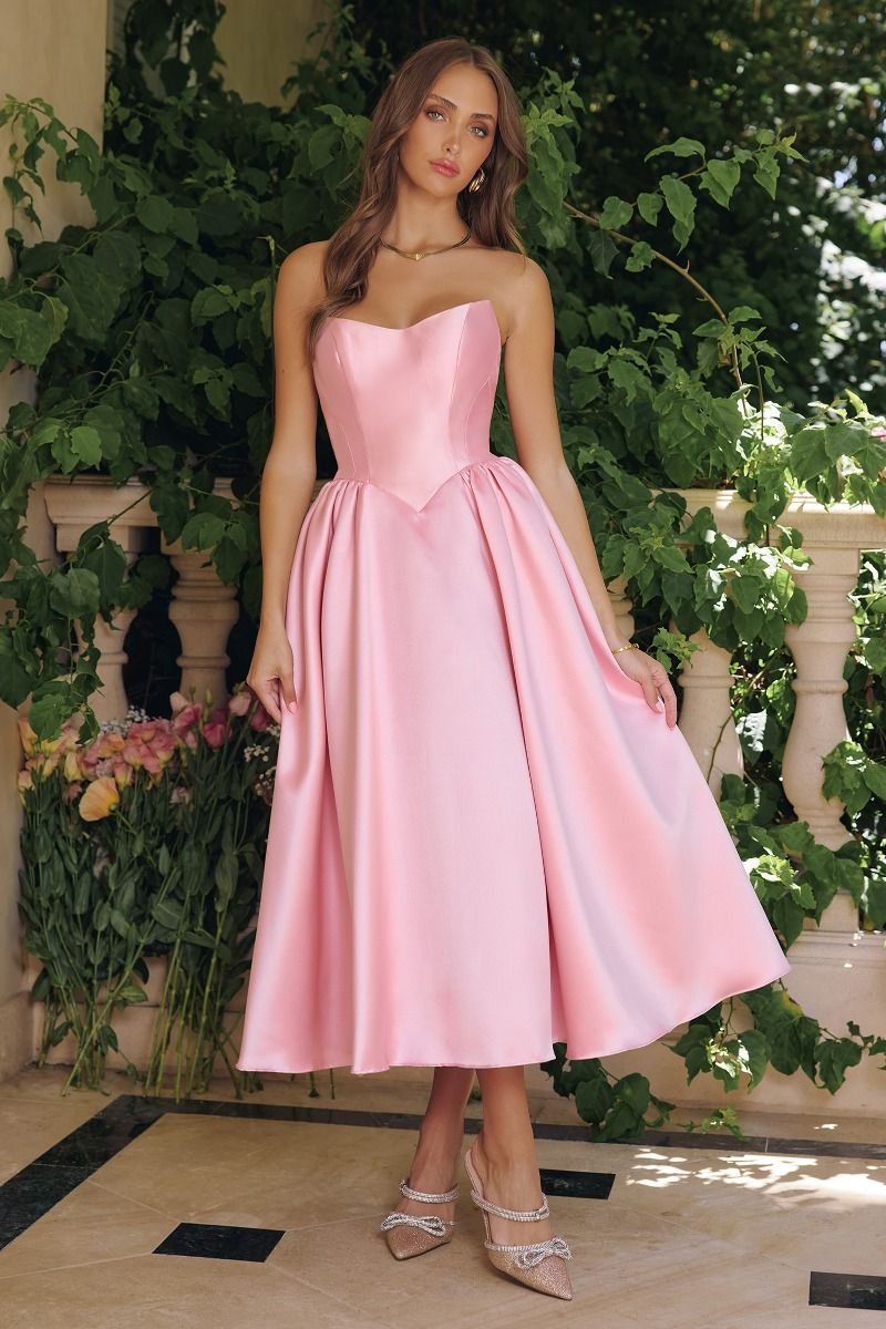 STRAPLESS FIT AND FLARE MIDI TEA LENGTH DRESS BY AMORIS T822 Bridal Hive STRAPLESS FIT AND FLARE MIDI TEA LENGTH DRESS BY AMORIS T822 Bridal Hive