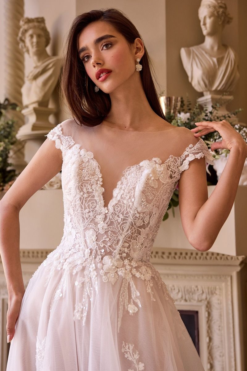 CAP SLEEVE BRIDAL A-LINE BALL GOWN BY ANDREA & LEO COUTURE STYLE WL038 OFF WHITE-NUDE / 4 CAP SLEEVE BRIDAL A-LINE BALL GOWN BY ANDREA & LEO COUTURE STYLE WL038 OFF WHITE-NUDE / 4