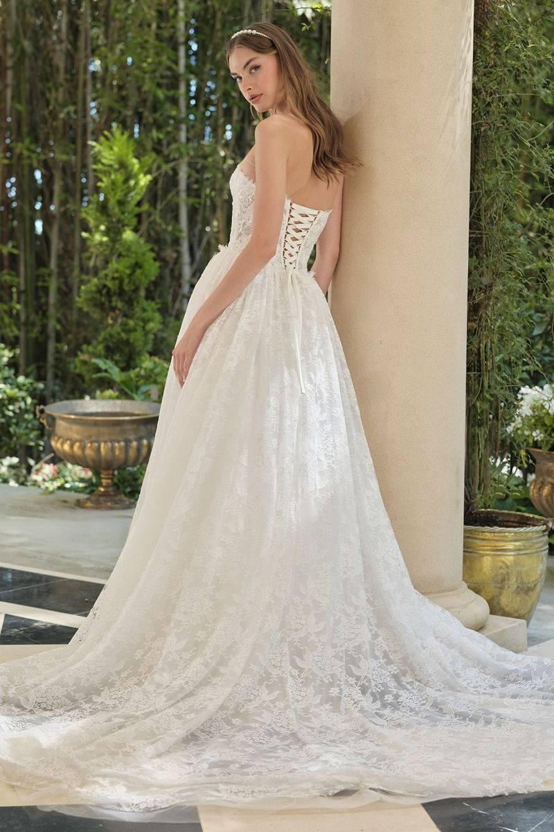 wedding dresses strapless lace up back Romantic Bell Sleeve Shimmery Lace Wedding Dress