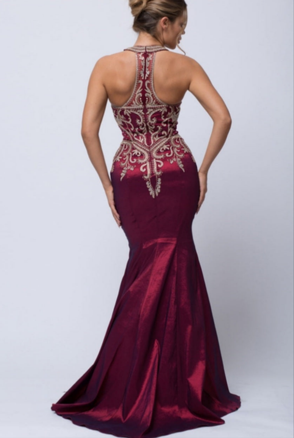 halter top mermaid with gold beaded embroidery on bodice back