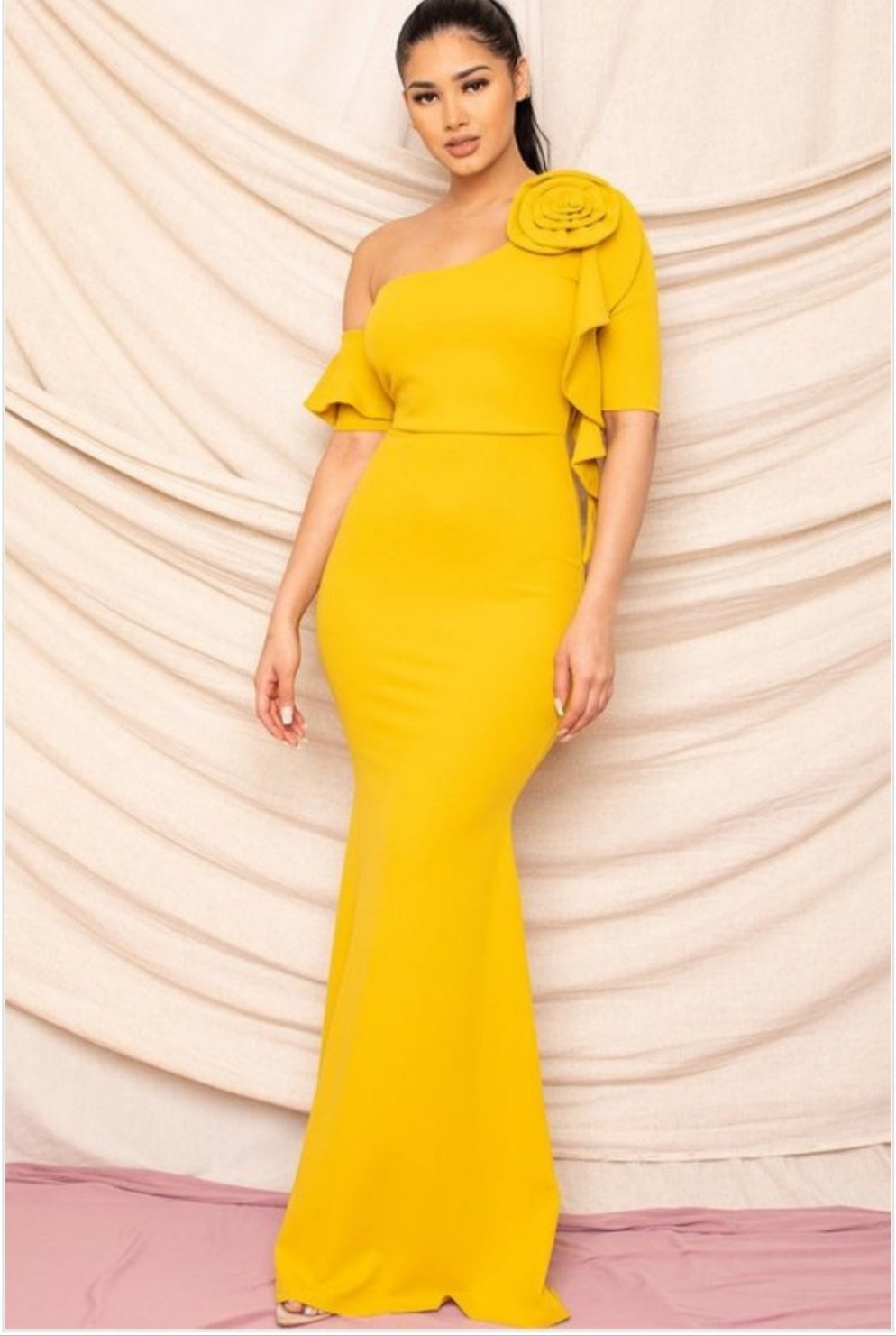 ONE SHOULDER MERMAID FLORAL BODYCON MAXI DRESS MUSTARD / M ONE SHOULDER MERMAID FLORAL BODYCON MAXI DRESS MUSTARD / M
