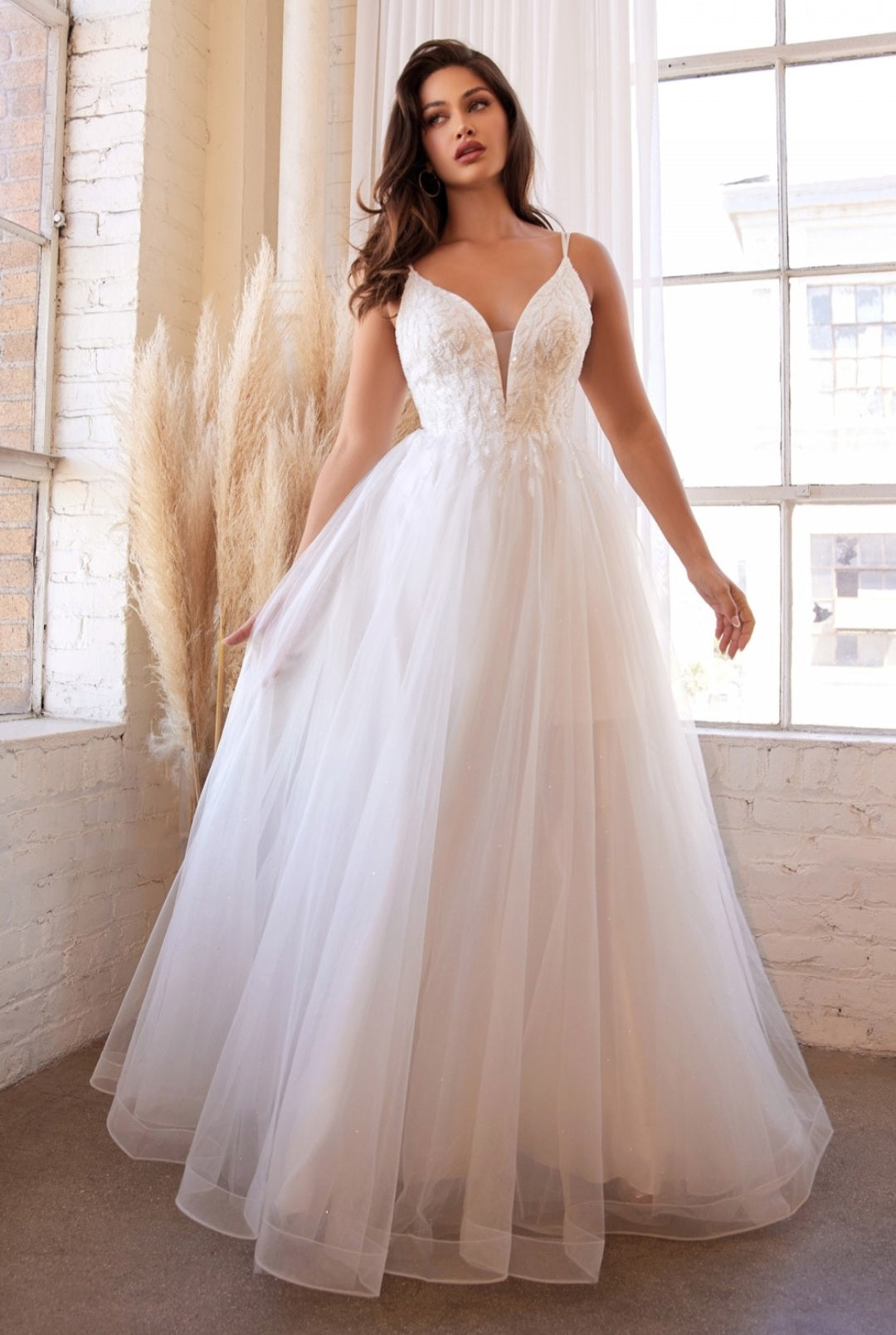 Ladivine CD0154W CInderella Divine Elegant Deep Neckline Wedding Gown w/ Layered Skirt, XL / off White Ladivine CD0154W CInderella Divine Elegant Deep Neckline Wedding Gown w/ Layered Skirt, XL / off White