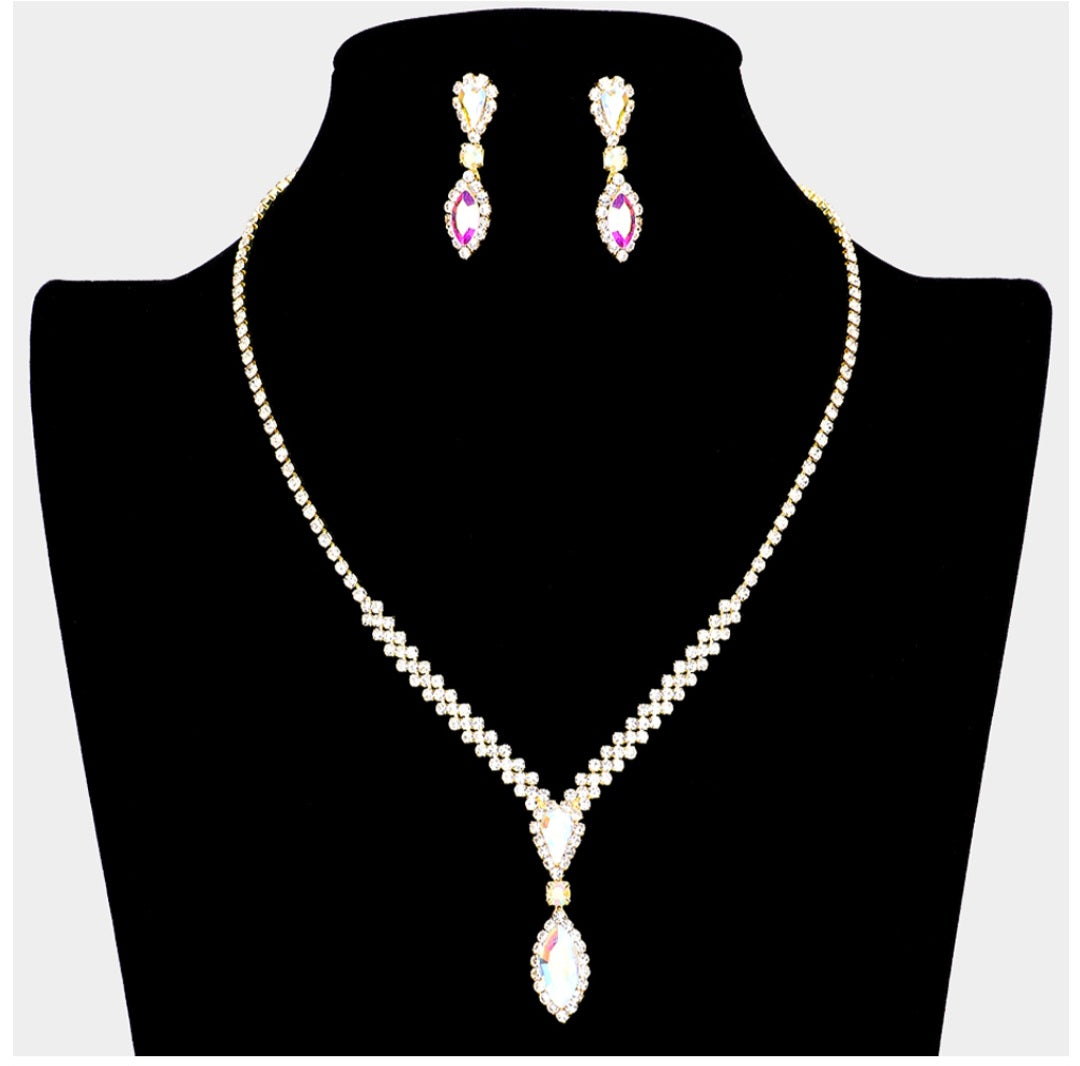 2pcs Teardrop Marquise Stone Accented Rhinestone Necklace